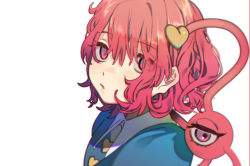 Rule 34 | 1girl, :/, blouse, blue shirt, buttons, closed mouth, commentary, eyes visible through hair, from side, hair between eyes, hair ornament, hair over one eye, heart, heart button, heart hair ornament, komeiji satori, looking at viewer, looking to the side, pink eyes, pink hair, portrait, shi chimi, shirt, simple background, solo, third eye, touhou, white background