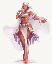 Rule 34 | 1girl, artist name, bandeau, breasts, cape, curvy, dancer, dark-skinned female, dark skin, earrings, full body, hand up, head scarf, jewelry, crossed legs, lips, looking at viewer, medium breasts, midriff, muraicchi (momocchi), navel, original, outstretched arm, parted lips, pelvic curtain, purple eyes, see-through, short hair, signature, simple background, snake, solo, standing, white hair, wide hips