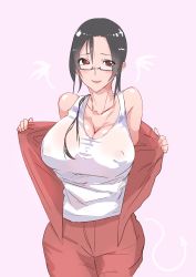 Rule 34 | 10s, 1girl, absurdres, bare shoulders, baron (nsbaron), black hair, blush, breasts, cleavage, demi-chan wa kataritai, demon girl, glasses, heart, heart-shaped pupils, highres, large breasts, long hair, open clothes, red eyes, satou sakie, smile, solo, symbol-shaped pupils, tank top