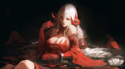 Rule 34 | 1girl, bare shoulders, breasts, chain, cleavage, cuffs, demon girl, demon horns, dress, elbow gloves, floating, flower, flower on water, gloves, gods (1073337800), hair between eyes, hair ornament, horns, in water, large breasts, long hair, looking to the side, lotus, original, parted lips, petals, petals on liquid, pointy ears, red dress, red eyes, red gloves, shackles, simple background, sitting, slit pupils, smile, solo, torn clothes, very long hair, water, white hair