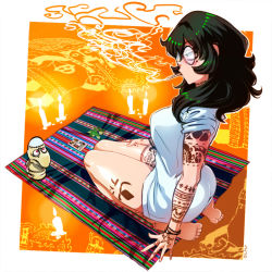 Rule 34 | 1girl, artist name, barefoot, blouse, bracelet, breasts, candle, cigarette, eyeliner, full body, glasses, green hair, highres, jcm2, jewelry, large breasts, looking at viewer, makeup, mat, mole, mole under eye, original, pentagram, seiza, shirt, sideways glance, signature, sitting, sleeves pushed up, smoking, sock puppet, solo, star (symbol), tattoo, white shirt