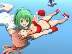 Rule 34 | 2girls, bare shoulders, beaten, bikini, boxing, boxing gloves, breasts, brown hair, cleavage, closed eyes, defeat, female focus, gloves, green hair, groin, large breasts, long hair, lying, multiple girls, navel, on back, on stomach, open mouth, original, ponytail, red bikini, red gloves, shamanwer, short hair, swimsuit, thighs, thong, thong bikini, unconscious, underwear, white background, yellow eyes