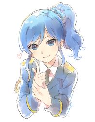 Rule 34 | 1girl, aikatsu!, aikatsu! (series), bad id, bad pixiv id, black necktie, blue eyes, blue hair, blue jacket, blue scrunchie, closed mouth, collared shirt, commentary request, finger gun, hair ornament, hair scrunchie, heart, index finger raised, jacket, kiriya aoi, long hair, long sleeves, musshu (omu001), necktie, own hands together, ponytail, scrunchie, shirt, side ponytail, simple background, smile, solo, uniform, white background, wing collar