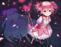 Rule 34 | 10s, 1girl, bow, bow (weapon), bubble skirt, different shadow, flower, hair bow, kaname madoka, long hair, magical girl, mahou shoujo madoka magica, mahou shoujo madoka magica (anime), petals, pink flower, pink hair, pink rose, red eyes, rose, rose petals, shadow, sheep sleep, short hair, short twintails, skirt, smile, solo, spoilers, twintails, two side up, ultimate madoka, weapon