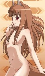 Rule 34 | 00s, 1girl, animal ears, awa, breasts, brown theme, completely nude, cowboy shot, hand on own chin, holo, jaggy lines, lowres, nipples, nude, red eyes, small breasts, solo, spice and wolf, tail, wolf ears, wolf tail