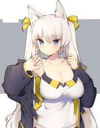 Rule 34 | 1girl, animal ear fluff, animal ears, black jacket, blue eyes, blush, bow, breasts, cleavage, closed mouth, collarbone, commentary, hair between eyes, hair bow, haruyuki (yukichasoba), highres, jacket, large breasts, long sleeves, original, shirt, simple background, sleeveless, sleeveless shirt, solo, twintails, white hair, white shirt, yellow bow