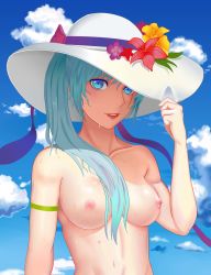 Rule 34 | 1girl, absurdres, aqua hair, blue eyes, breasts, cloud, collarbone, female focus, flower, hat, highres, long hair, looking at viewer, nipples, parted lips, rwby, simple background, sky, solo, weiss schnee, wet, zhao shixuan