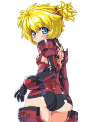 Rule 34 | 10s, 1girl, :o, alternate color, altines, ass, back, bad id, bad pixiv id, blonde hair, blue eyes, blush, bodysuit, breasts, busou shinki, character name, clothes writing, cowboy shot, dd (ijigendd), doll joints, elbow gloves, from behind, gloves, joints, leotard, looking at viewer, looking back, open mouth, red leotard, scrunchie, short hair, short twintails, simple background, small breasts, solo, spiked hair, thigh gap, thighhighs, twintails, white background