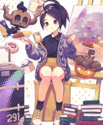 Rule 34 | 1boy, :t, ahoge, allister (pokemon), alternate costume, black hair, black legwear, black shirt, blush, book, buttons, canvas (object), cardigan, closed mouth, collared shirt, commentary request, creatures (company), curry, easel, eating, food, game freak, gen 6 pokemon, gym leader, highres, holding, holding spoon, long sleeves, male focus, mole, mole under mouth, nagatsukiariake, nintendo, open cardigan, open clothes, phantump, plate, pokemon, pokemon (creature), pokemon swsh, pumpkaboo, purple eyes, shirt, shoes, short hair, shorts, sitting, socks, spoon, suitcase, yellow footwear