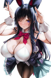 Rule 34 | 1girl, alice gear aegis, animal ears, arms up, black dress, black hair, black pantyhose, blush, breast tattoo, breasts, cleavage, closed mouth, commentary request, detached collar, dress, green dress, highres, huge breasts, kagome misaki, leotard, long hair, looking at viewer, one eye closed, pantyhose, purple eyes, puru (ex-150), rabbit ears, simple background, smile, solo, standing, tattoo, two-tone dress, very long hair, white background, white leotard