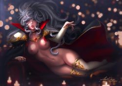 Rule 34 | 1girl, arkuny, breasts, collar, commission, fire emblem, fire emblem: genealogy of the holy war, fire emblem heroes, ishtar (fire emblem), jewelry, lying, medium breasts, nintendo, nipples, nude, on side, ponytail, purple eyes, pussy, realistic, shoulder pads, silver hair, solo