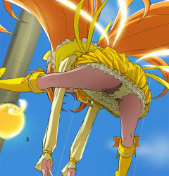 Rule 34 | 10s, 1girl, ass, boots, bubble skirt, cure muse, cure muse (yellow), from below, haruyama kazunori, knee boots, long hair, noise (suite precure), panties, pantyshot, precure, shirabe ako, skirt, suite precure, underwear, upskirt, yellow skirt