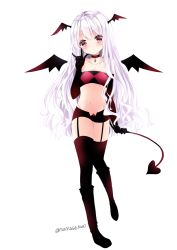 Rule 34 | 1girl, \m/, arm at side, artist name, bandeau, bat wings, black footwear, black gloves, black skirt, blush, boots, choker, collarbone, demon girl, elbow gloves, flat chest, full body, garter straps, gloves, hand gesture, head tilt, head wings, jewelry, looking at viewer, miniskirt, nanase nao, navel, original, pendant, red choker, red eyes, silver hair, simple background, skirt, solo, stomach, strapless, tareme, thigh boots, thighhighs, twitter username, wavy hair, white background, wings