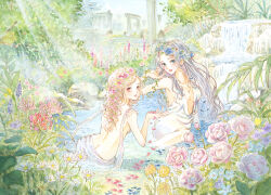 Rule 34 | 2girls, ass, bare arms, bare back, bare shoulders, bathing, blonde hair, blue eyes, blue flower, blue sky, breasts, butt crack, cleavage, column, commentary request, day, dress, flower, flower wreath, grey hair, hanasaki taru, head wreath, highres, leaf, light rays, long hair, looking at viewer, medium breasts, multicolored eyes, multiple girls, nature, original, outdoors, painting (medium), parted lips, partially submerged, petals, pillar, pink flower, plant, plunging neckline, red eyes, rock, rose, sky, stream, sunbeam, sunlight, traditional media, very long hair, water, watercolor (medium), waterfall, wavy hair, white dress, white flower, yellow flower