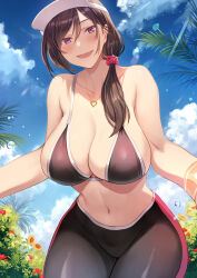 Rule 34 | 1girl, bare arms, bare shoulders, bikini, bikini top only, black bikini, black pants, blue sky, blush, breasts, cleavage, commentary request, hair ornament, hair scrunchie, hat, highres, himamo, jewelry, large breasts, looking at viewer, mature female, medium hair, navel, necklace, original, outdoors, pants, parted lips, purple eyes, red scrunchie, scrunchie, sky, smile, solo, sportswear, stomach, swimsuit, visor cap, white hat