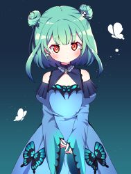 Rule 34 | 1girl, absurdres, animal print, bad id, bad pixiv id, blue dress, blunt bangs, bow, bug, butterfly, butterfly print, commentary request, detached collar, detached sleeves, dress, earrings, gradient background, green hair, hair between eyes, hair bow, hair ornament, hair ribbon, highres, hololive, insect, jewelry, long sleeves, looking at viewer, red eyes, ribbon, short hair, sidelocks, simple background, skull hair ornament, symbol-shaped pupils, uruha rushia, uruha rushia (1st costume), v arms, virtual youtuber, wide sleeves, yukki bunny