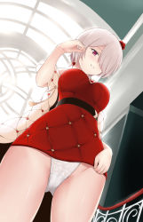 Rule 34 | 1girl, absurdres, breasts, clothes lift, commentary request, dress, dress lift, earrings, from below, grey hair, grin, hair ornament, hair over one eye, heart, heart earrings, heart print, highres, honkai (series), honkai impact 3rd, indoors, jewelry, large breasts, looking at viewer, mole, mole under eye, panties, pantyshot, purple eyes, red dress, rita rossweisse, rita rossweisse (umbral rose), short dress, short hair, smile, solo, standing, tokayou, underwear, white panties
