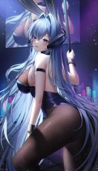 Rule 34 | 1girl, absurdres, animal ears, arm strap, ass, azur lane, bare shoulders, black leotard, black pantyhose, blue eyes, blue hair, bodystocking, breasts, commentary request, fake animal ears, feet out of frame, from side, glowstick, hair intakes, highres, large breasts, leotard, long hair, looking at viewer, looking to the side, meoyo, new jersey (azur lane), new jersey (exhilarating steps!) (azur lane), official alternate costume, pantyhose, parted lips, playboy bunny, pole, rabbit ears, screen, sideboob, smile, solo, standing, strapless, strapless leotard, stripper pole, very long hair, wrist cuffs