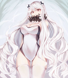 Rule 34 | 1girl, absurdres, abyssal ship, alternate costume, beisaku bei, breasts, cleavage, competition swimsuit, gradient background, hair between eyes, highres, horns, kantai collection, large breasts, long hair, looking at viewer, midway princess, one-piece swimsuit, pale skin, red eyes, solo, swimsuit, thighhighs, two-tone swimsuit, very long hair, white hair, white thighhighs