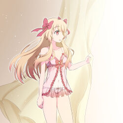 Rule 34 | 1girl, alternate costume, babydoll, bare arms, bare shoulders, blonde hair, chaos marie (grimms notes), collarbone, curtain grab, curtains, gradient hair, grimms notes, hair ribbon, kaminaminamina, multicolored hair, navel, open mouth, pink babydoll, pink eyes, ribbon, solo, underwear