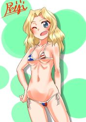 Rule 34 | 10s, 1girl, bikini, blonde hair, blue eyes, blush, breasts, collarbone, facing viewer, girls und panzer, hand on own hip, highres, kay (girls und panzer), long hair, looking at viewer, md5 mismatch, medium breasts, navel, one eye closed, open mouth, smile, solo, standing, swimsuit, torso