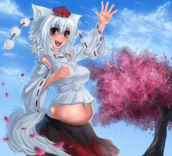 Rule 34 | 1girl, animal ears, belly, breasts, inubashiri momiji, kipteitei, large breasts, navel, open mouth, plump, red eyes, smile, solo, tail, touhou, white hair, wolf ears, wolf tail