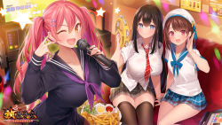 Rule 34 | 3girls, arm at side, arm up, black hair, blouse, blue collar, blue eyes, breasts, brown hair, character request, collar, collared shirt, food, french fries, hair between eyes, hair ornament, hands up, holding, holding microphone, houchi shoujo, karaoke, karaoke box, large breasts, logo, long hair, looking at viewer, microphone, multiple girls, music, neckerchief, necktie, official art, one eye closed, open mouth, orange eyes, parted bangs, partially unbuttoned, pink hair, pleated skirt, popqn, purple neckerchief, purple shirt, red necktie, sailor collar, school uniform, serafuku, shirt, short hair, singing, sitting, skirt, smile, standing, twintails, unbuttoned, unbuttoned shirt, v, v-shaped eyebrows