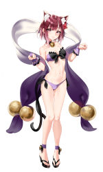 Rule 34 | 1girl, absurdres, animal ear fluff, animal ears, ankle ribbon, bell, bikini, black bikini, breasts, bridal gauntlets, cat ears, cat tail, cleavage, closed mouth, collar, collarbone, frilled bikini, frills, full body, gdd (vkejr702), groin, hair between eyes, hair intakes, highres, leg ribbon, looking at viewer, medium breasts, multicolored bikini, multicolored clothes, navel, neck bell, princess connect!, purple bikini, purple ribbon, red eyes, red hair, ribbon, sash, short hair, side-tie bikini bottom, simple background, solo, standing, swimsuit, tail, tamaki (princess connect!), tamaki (summer) (princess connect!), white background