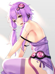 Rule 34 | 1girl, :o, ahoge, ashisi, bare shoulders, blush, breasts, breasts out, dress, from side, gradient background, grey background, hair ornament, hair tubes, hairpin, headphones, highres, looking at viewer, looking to the side, medium breasts, open mouth, purple dress, purple eyes, purple hair, purple thighhighs, short dress, short hair with long locks, sidelocks, sitting, skindentation, sleeveless, sleeveless dress, solo, strap slip, teeth, thighhighs, thighs, upper teeth only, vocaloid, voiceroid, yuzuki yukari