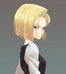 Rule 34 | 1girl, ammonio, android 18, blonde hair, blue eyes, bob cut, dragon ball, dragonball z, expressionless, grey background, parted bangs, simple background, solo