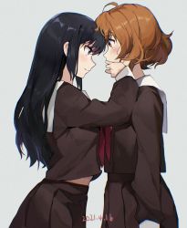 Rule 34 | 2girls, absurdres, ahoge, black hair, blush, brown eyes, brown shirt, brown skirt, commentary request, covering another&#039;s mouth, dated, eye contact, film grain, grey background, hand over another&#039;s mouth, hand up, hibike! euphonium, highres, kousaka reina, kuza brs, long hair, long sleeves, looking at another, multiple girls, neckerchief, orange hair, oumae kumiko, pleated skirt, profile, purple eyes, red neckerchief, sailor collar, school uniform, shirt, short hair, simple background, skirt, sleeve cuffs, white sailor collar, yuri