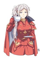 Rule 34 | 1girl, automatic giraffe, blonde hair, cape, closed mouth, cup, edelgard von hresvelg, fire emblem, fire emblem: three houses, gloves, hair ornament, hair ribbon, long hair, long sleeves, looking at viewer, nintendo, purple eyes, ribbon, side ponytail, simple background, smile, solo, teacup, white hair