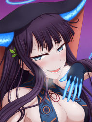 Rule 34 | 1girl, bare shoulders, black dress, black gloves, black headwear, blue eyes, blush, breasts, center opening, cleavage, dress, elbow gloves, fate/grand order, fate (series), gloves, hair ornament, half-closed eyes, halo, hasebe akira, large breasts, leaf hair ornament, long hair, looking at viewer, open mouth, purple background, purple hair, slit pupils, smile, very long hair, yang guifei (fate)