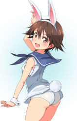 Rule 34 | 1girl, animal ears, ass, blush, brown eyes, brown hair, highres, looking at viewer, michairu, miyafuji yoshika, one-piece swimsuit, playboy bunny swimsuit, rabbit ears, rabbit tail, sailor collar, short hair, simple background, smile, solo, strike witches, swimsuit, swimsuit under clothes, tail, white one-piece swimsuit, world witches series, wrist cuffs