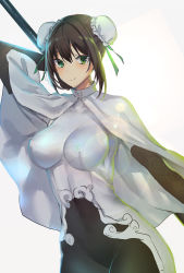 Rule 34 | 1girl, arm guards, bad id, bad pixiv id, blush, bodysuit, breasts, bun cover, cape, covered navel, double bun, fate/grand order, fate (series), fingerless gloves, gloves, green eyes, green ribbon, hair bun, highres, hitomin (ksws7544), large breasts, looking at viewer, polearm, qin liangyu (fate), ribbon, sidelocks, simple background, smile, spear, weapon, white background, white bodysuit, white cape
