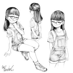 Rule 34 | 1girl, absurdres, arms behind back, blunt bangs, child, commentary, english commentary, glasses, hatching (texture), highres, mask, mask pull, monochrome, mouth mask, original, overalls, ravenhart, shirt, signature, smile, t-shirt
