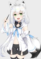 Rule 34 | 1girl, :d, absurdres, ahoge, animal ear fluff, animal ears, black shorts, blush, braid, breasts, commentary request, cowboy shot, detached sleeves, fingernails, fox ears, fox girl, fox tail, green eyes, grey background, hair between eyes, hashiko nowoto, highres, holding, holding stylus, hololive, long hair, long sleeves, looking at viewer, medium breasts, midriff peek, navel, open mouth, pinky out, shirakami fubuki, shirakami fubuki (1st costume), shirt, short shorts, shorts, silver hair, sleeveless, sleeveless shirt, sleeves past wrists, smile, solo, stylus, tail, thigh strap, very long hair, virtual youtuber, white shirt, wide sleeves