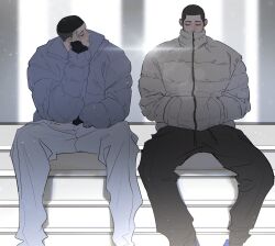 Rule 34 | 2boys, black eyes, black hair, buzz cut, couple, covered mouth, feet out of frame, fukatsu kazunari, hand on own face, hands in pockets, highres, jacket, male focus, multiple boys, ood do0, sawakita eiji, short hair, sitting, sitting on stairs, slam dunk (series), stairs, undercut, very short hair, winter clothes, yaoi