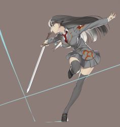 Rule 34 | 1girl, black hair, breasts, buttons, collared shirt, fighting stance, floating hair, full body, grey eyes, grey skirt, highres, holding, holding sword, holding weapon, leg up, long hair, long sleeves, protagonist 2 (housamo), nagiko (mangalove1111), necktie, red necktie, school uniform, shirt, shoes, simple background, skirt, smile, solo, sword, thighhighs, thighs, tokyo houkago summoners, weapon, white shirt, wind, wind lift