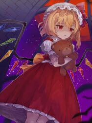Rule 34 | 1girl, blonde hair, blurry, blurry foreground, crystal, depth of field, dutch angle, empty eyes, feet out of frame, flandre scarlet, frilled shirt collar, frills, from below, frown, full moon, gloom (expression), hat, highres, legs together, looking down, mob cap, moon, night, night sky, one side up, parted lips, puffy short sleeves, puffy sleeves, red eyes, red moon, red skirt, red vest, rogichange, sad, short hair, short sleeves, skirt, skirt set, sky, solo, star (sky), stuffed animal, stuffed toy, teddy bear, touhou, vest, wings