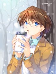 Rule 34 | 10s, 1boy, accel world, artist name, bad id, bad pixiv id, blue eyes, brown hair, coffee, glasses, jacket, male focus, mayuzumi takumu, open mouth, snowing, solo, tree, trianon, upper body