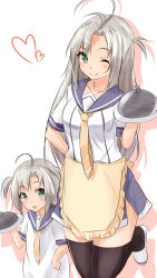 Rule 34 | 10s, 2girls, ;q, ahoge, alternate hair length, alternate hairstyle, apron, arm behind back, black legwear, blush, commentary request, green eyes, heart, highres, if they mated, kantai collection, kinugasa (kancolle), mother and daughter, multiple girls, one eye closed, open mouth, remodel (kantai collection), saku (kudrove), school uniform, serafuku, serving dome, silver hair, thighhighs, tongue, tongue out, aged down, zettai ryouiki