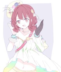 Rule 34 | 1girl, asymmetrical clothes, atelier (series), atelier sophie, bad id, bad pixiv id, black gloves, brown eyes, brown hair, collarbone, female focus, gloves, hair ornament, hat, jewelry, maromi (am97), midriff, navel, necklace, open mouth, shirt, single glove, smile, solo, sophie neuenmuller, strapless, upper body