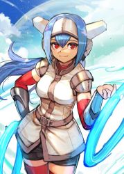 Rule 34 | armor, black shorts, blue hair, blue sky, boots, breasts, closed mouth, cloud, crosscode, day, energy rings, hair between eyes, hand on own hip, headgear, hide (hideout), holding, holding weapon, lea (crosscode), light smile, long hair, looking at viewer, medium breasts, pauldrons, red eyes, shirt, shorts, shoulder armor, sky, standing, surcoat, thigh boots, undershirt, vambraces, weapon