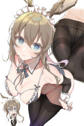 Rule 34 | 1girl, alternate breast size, alternate costume, amiya (arknights), animal ears, arknights, bent over, bikini, black bikini, black neckwear, black pantyhose, blue eyes, blush, breasts, brown hair, clothes pull, commentary, detached collar, e sky rugo, frilled bikini, frills, hair between eyes, hanging breasts, heart, highres, jewelry, leaning forward, long hair, looking at viewer, maid, maid bikini, maid headdress, medium breasts, mtu virus, multiple views, neck ribbon, open mouth, panties, panties under pantyhose, pantyhose, pantyhose pull, rabbit ears, ribbon, ring, simple background, swimsuit, symbol-only commentary, thighband pantyhose, unconventional maid, underwear, undressing, white background, wrist cuffs