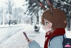 Rule 34 | 1girl, amiya (arknights), animal ears, arknights, backpack, bag, blue eyes, blurry, blurry background, breath, brown hair, cellphone, commentary request, day, depth of field, hair between eyes, hasibiro 5, highres, holding, holding phone, jacket, long sleeves, outdoors, parted lips, phone, puffy long sleeves, puffy sleeves, rabbit ears, red scarf, scarf, sleeves past wrists, snow, snowing, solo, upper body, white jacket