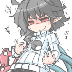 Rule 34 | 1girl, asymmetrical wings, black hair, hole in chest, hole on body, houjuu nue, kureha mitsushige, meme attire, open-chest sweater, red eyes, ribbed sweater, short hair, simple background, solo, sweater, tears, too literal, touhou, turtleneck, wardrobe error, white background, wings, you&#039;re doing it wrong