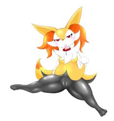 Rule 34 | 1girl, animal ears, animal hands, arm behind back, blush, braixen, breasts, clitoris, collar, condom, condom in mouth, creatures (company), fang, feet, fox ears, fox tail, full body, furry, furry female, game freak, gen 6 pokemon, half-closed eyes, hand up, heart, heart-shaped pupils, highres, lifted by self, looking at viewer, mouth hold, navel, nintendo, pokemon, pokemon (creature), pokemon xy, presenting, pussy, red eyes, shiny skin, simple background, sitting, small breasts, solo, spread legs, symbol-shaped pupils, tail, teeth, tetran, uncensored, white background
