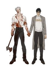 Rule 34 | 2boys, akaashi keiji, axe, black eyes, black footwear, black hair, black pants, blood, blood on arm, blood on chest, blood on clothes, blood on face, blood on hands, bloody weapon, bokuto koutarou, chengongzi123, coat, collared coat, collared shirt, commentary, full body, glasses, grey coat, grey hair, haikyuu!!, highres, holding, holding axe, holding hands, looking at viewer, male focus, multicolored hair, multiple boys, pants, parted lips, plunging neckline, shirt, shoes, short hair, simple background, slit pupils, standing, streaked hair, sweater, symbol-only commentary, thick eyebrows, very short hair, weapon, white background, white shirt, yellow eyes
