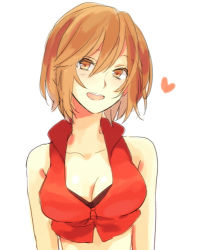 Rule 34 | 1girl, :d, akiyoshi (tama-pete), bare arms, bare shoulders, blush, breasts, brown eyes, brown hair, cleavage, cowboy shot, eyelashes, happy, heart, looking at viewer, lowres, medium breasts, meiko (vocaloid), open mouth, short hair, simple background, smile, solo, solo focus, tank top, upper body, vocaloid, white background
